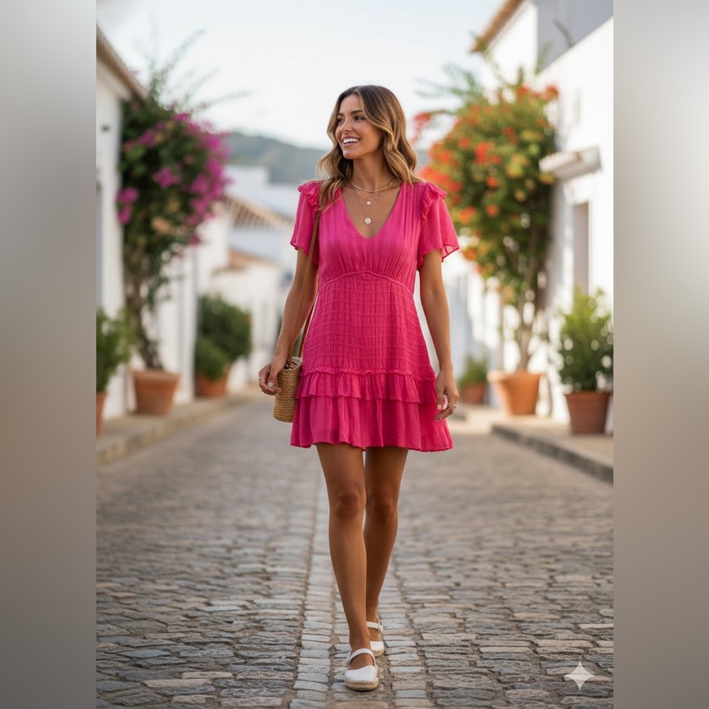 LoveShackFancy Rena Ruffle Mini Dress - Hot Pink - Small